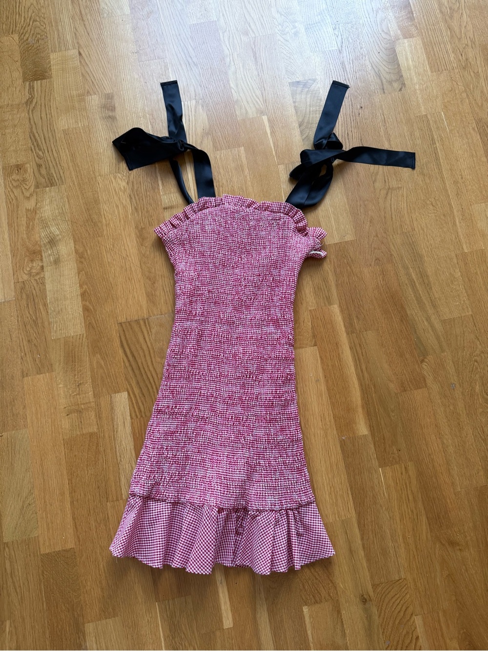 storets red white gingham ruched Mini Dress w/ black tie straps and ruffle hem.